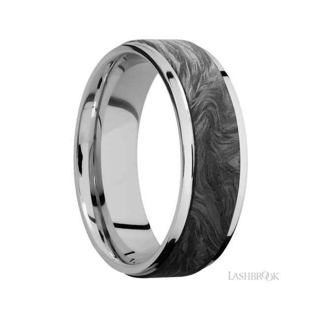 7 mm wide/Flat Grooved Edges/Cobalt Chrome band with one 5 mm Raised Centered inlay of Forged Carbon Fiber.