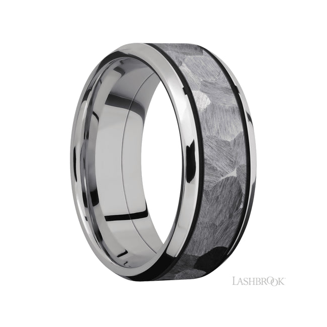 8 mm wide/Beveled/Cobalt Chrome band with one 5 mm Centered inlay of Tantalum.