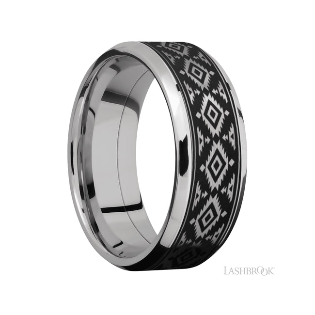 8 mm wide/Beveled/Cobalt Chrome band with one 6 mm Centered inlay of Tantalum with a laser carved Aztec 2 pattern.
