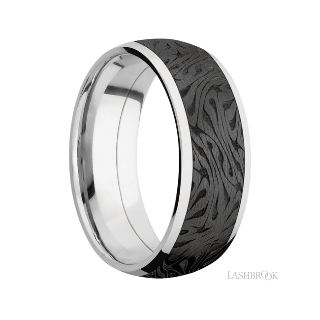 8 mm wide/Domed/Cobalt Chrome band with one 6 mm Centered inlay of Zirconium with a laser carved Escher 1 pattern.