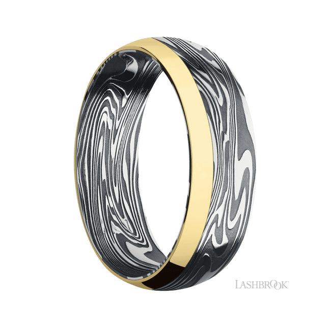 7 mm wide/Domed/Kinetic band with one 2 mm Off Center Edge inlay of 14K Yellow Gold.