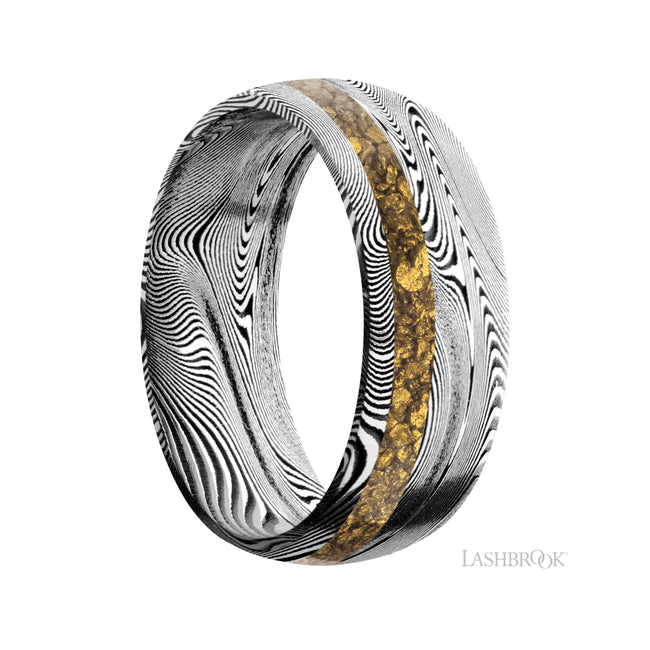 8 mm wide/Domed/Tightweave band with one 2 mm Off Center inlay of Alaskan Gold Nugget.