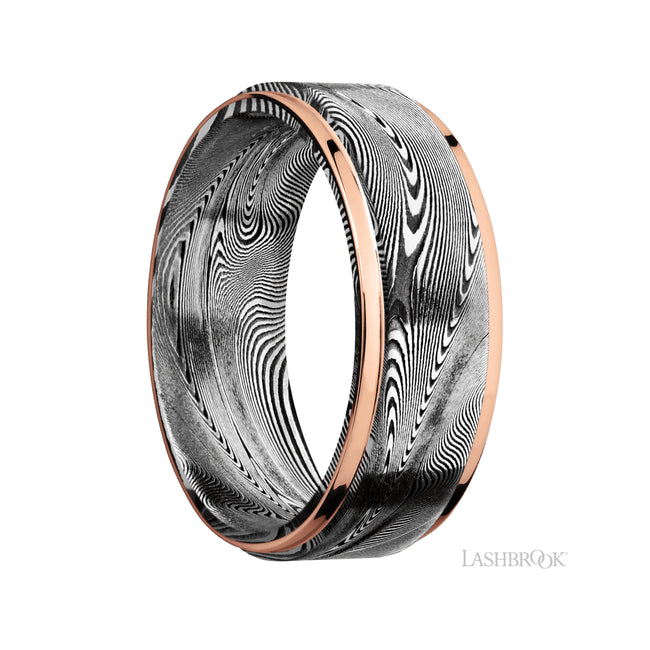 8 mm wide/Flat Grooved Edges/Tightweave band with two 1 mm Edge inlays of 14K Rose Gold.