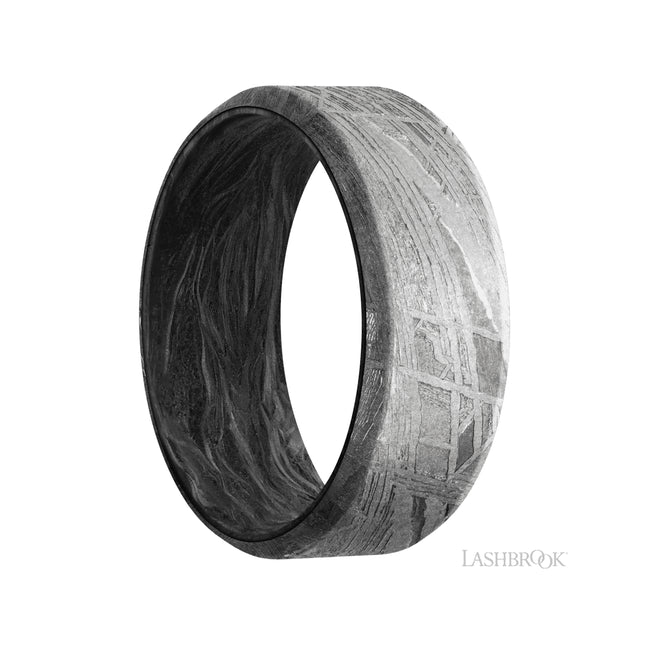 8 mm wide Beveled Meteorite band featuring a Forged Carbon Fiber sleeve.