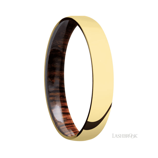 4 mm wide Domed 14K Yellow Gold band featuring a Cocobolo sleeve.