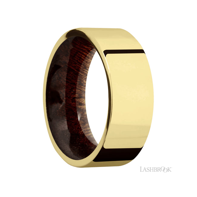 8 mm wide Flat 14K Yellow Gold band featuring a Sapele sleeve.