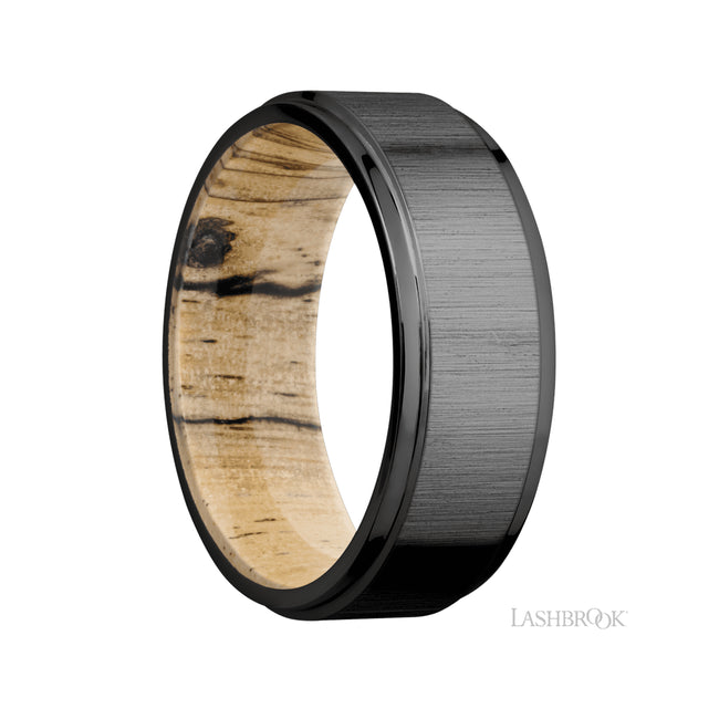 8 mm wide Flat Grooved Edges Zirconium band featuring a Spalted Tamarind sleeve.