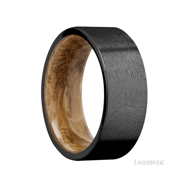 8 mm wide Flat Zirconium band featuring a Whiskey Barrel sleeve.