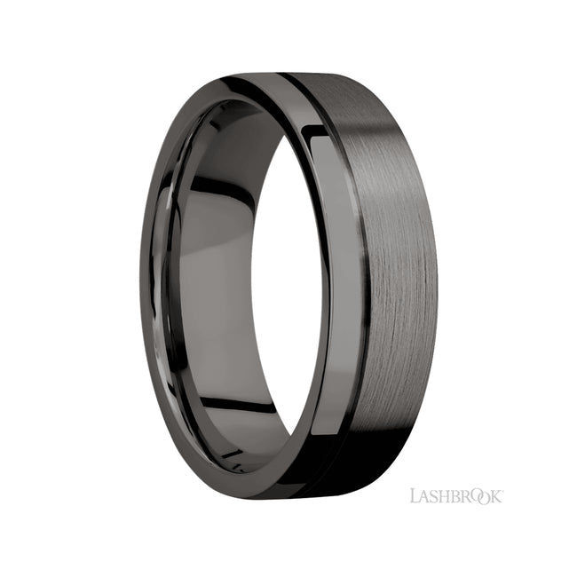 7 mm wide Flat with Off Center Accent Groove Tantalum Noir band.