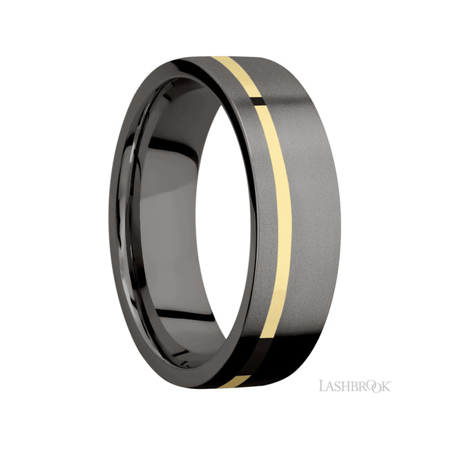 7 mm wide/Flat/Tantalum Noir band with one 1 mm Off Center inlay of 14K Yellow Gold.