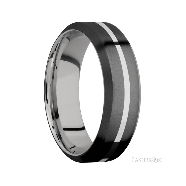 7 mm wide/High Bevel/Zirconium band with one 1 mm Centered inlay of Palladium Silver also featuring a Palladium Silver sleeve.
