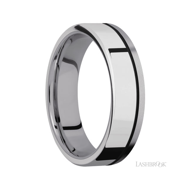 6 mm wide/Flat/Tantalum band with one 4 mm Off Center Edge inlay of Palladium Silver.