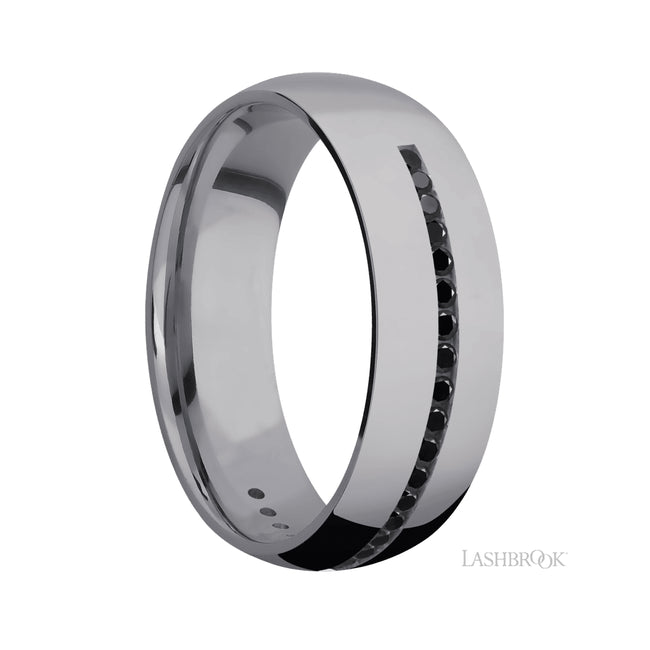 7 mm wide/Domed/Tantalum band with a Half Eternity arrangement of .015 carat Round Black Diamond stones in a Channel setting.