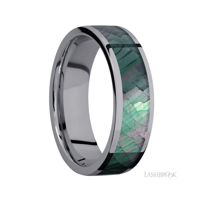 7 mm wide/Flat/Tantalum band with one 5 mm Centered inlay of Black Mother of Pearl.
