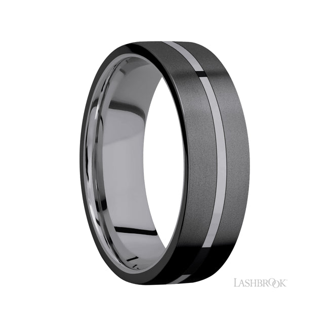 7 mm wide/Flat/Tantalum band with two 3 mm Double Off Center Edge inlays of Zirconium.