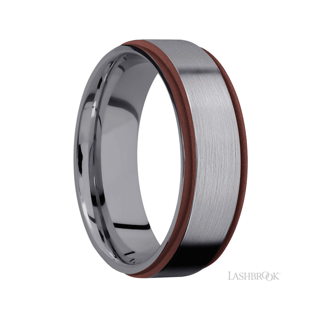 7 mm wide/Flat Grooved Edges/Tantalum band with two 1 mm Edge inlays of Crimson.