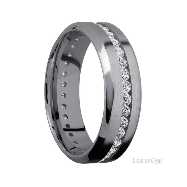 7 mm wide/High Bevel/Tantalum band with an Eternity arrangement of .03 carat Round Lab Grown Diamond stones in a Channel setting.
