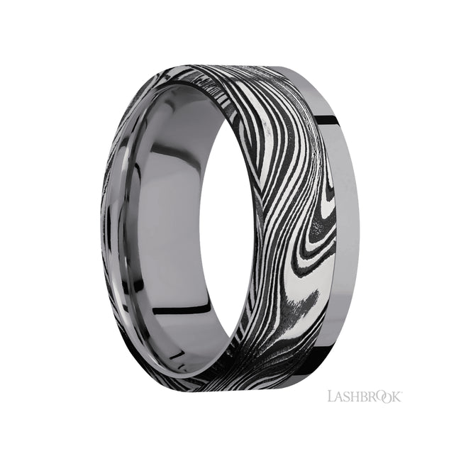 8 mm wide/Flat/Tantalum band with one 6 mm Off Center Edge inlay of Marble.
