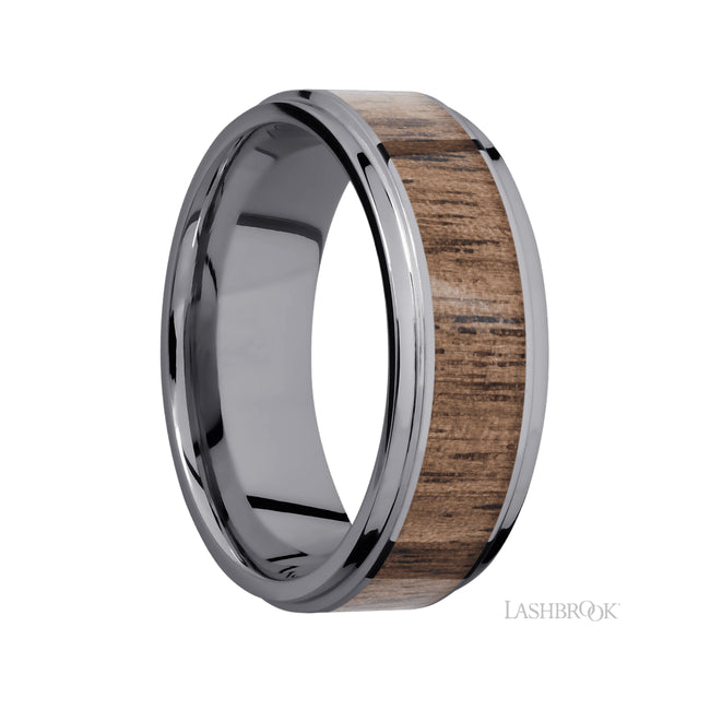 8 mm wide/Flat Grooved Edges/Tantalum band with one 5 mm Centered inlay of Walnut.