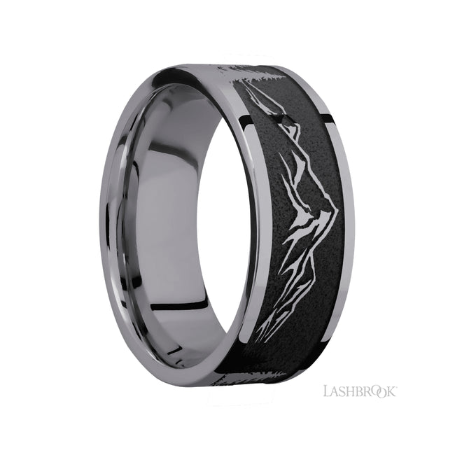 8 mm wide/Flat/Tantalum band with a laser carved Mountain 2 pattern.