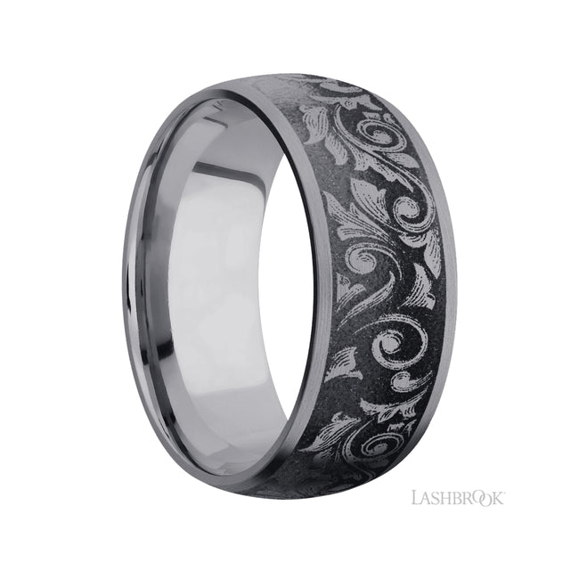 9 mm wide/Domed/Tantalum band with a laser carved Western Scroll pattern.
