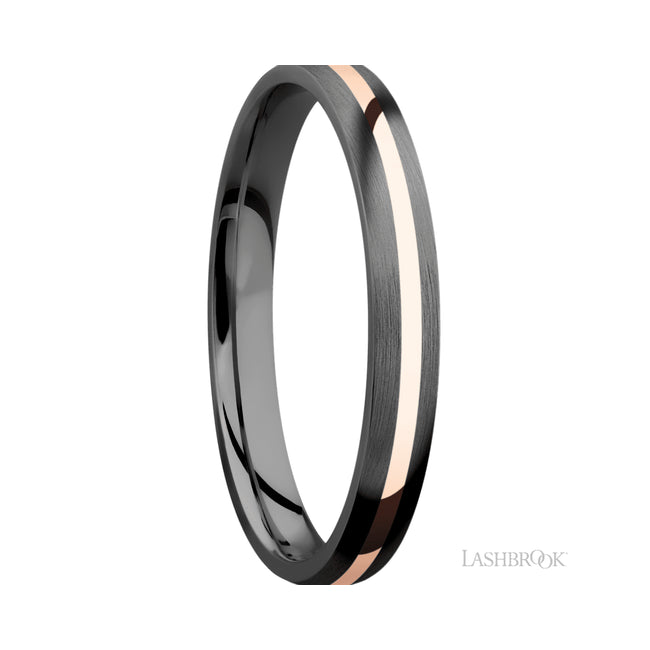 3 mm wide/Domed/Zirconium band with one 1 mm Centered inlay of 14K Rose Gold.