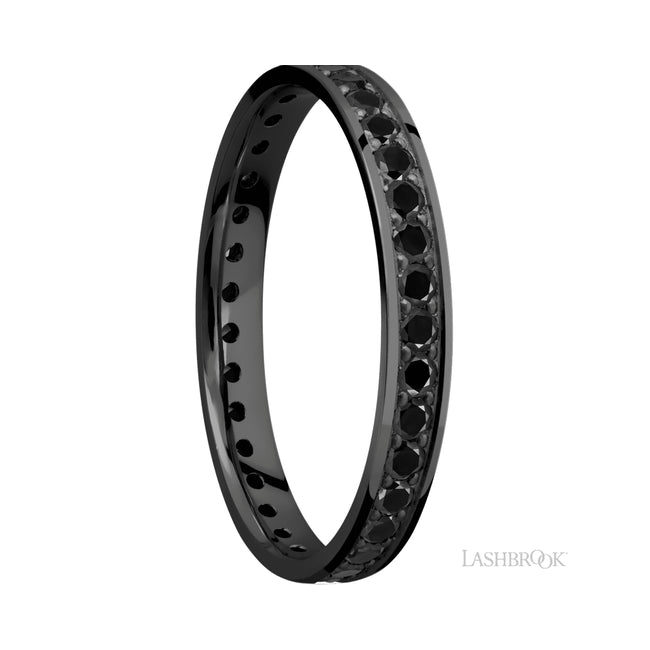 3 mm wide/Flat/Zirconium band with an Eternity arrangement of .03 carat Round Black Diamond stones in a Bead setting.