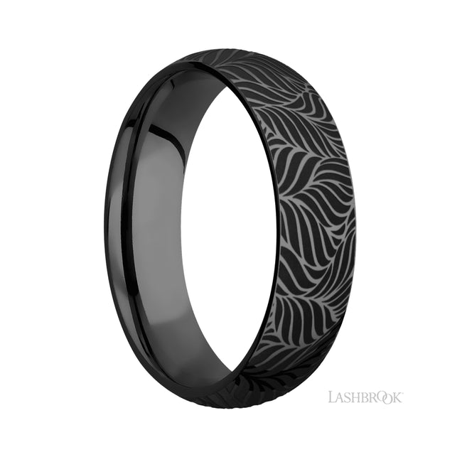 6 mm wide/Domed/Zirconium band with a laser carved Twisted Leaf pattern.