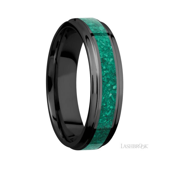 6 mm wide/Flat Grooved Edges/Zirconium band with one 3 mm Centered inlay of Malachite.