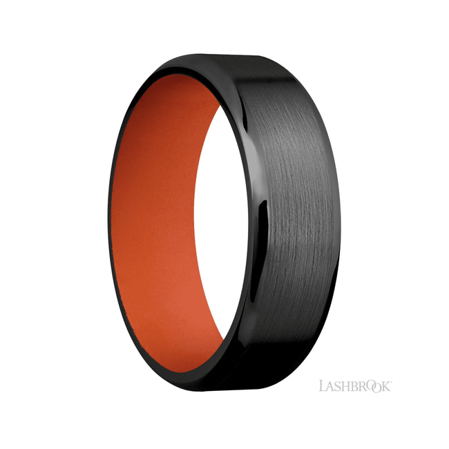 7 mm wide Beveled Zirconium band featuring a Hunter Orange sleeve.