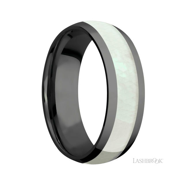 7 mm wide/Domed/Zirconium band with one 4 mm Centered inlay of Freshwater Mother of Pearl.