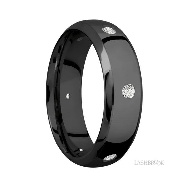 7 mm wide/Domed Bevel/Zirconium band with a 6X Even arrangement of .07 carat Round Diamond stones in a Flush setting.