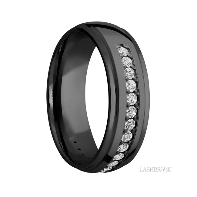 7 mm wide/Domed Stepped Down Edges/Zirconium band with a Half Eternity arrangement of .03 carat Round Diamond stones in a Bead setting.