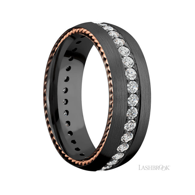 7 mm wide/Domed/Zirconium band with two 1 mm Sidebraid inlays of 14K Rose Gold and featuring an Eternity arrangement of .03 carat Round Lab Grown Diamond stones in a Bead setting