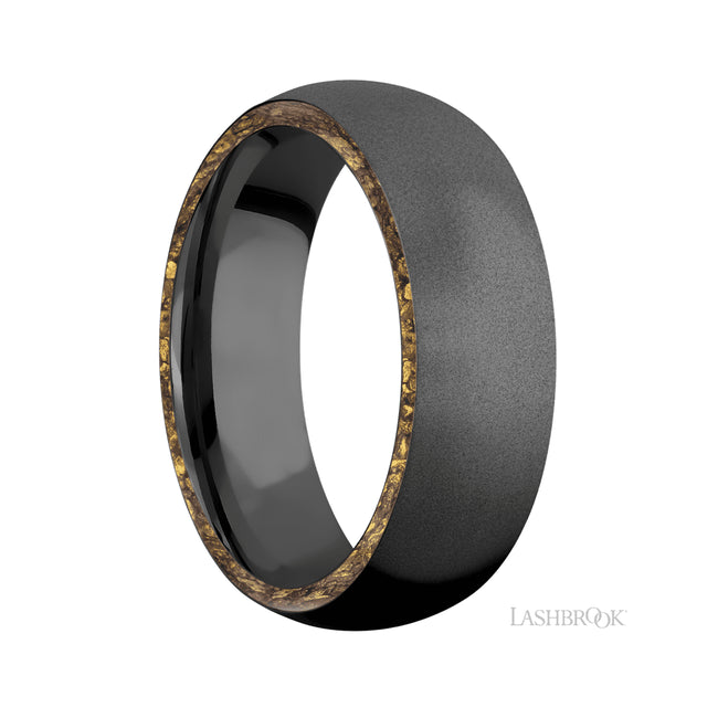 7 mm wide/Domed/Zirconium band with two 1 mm Side inlays of Alaskan Gold Nugget.