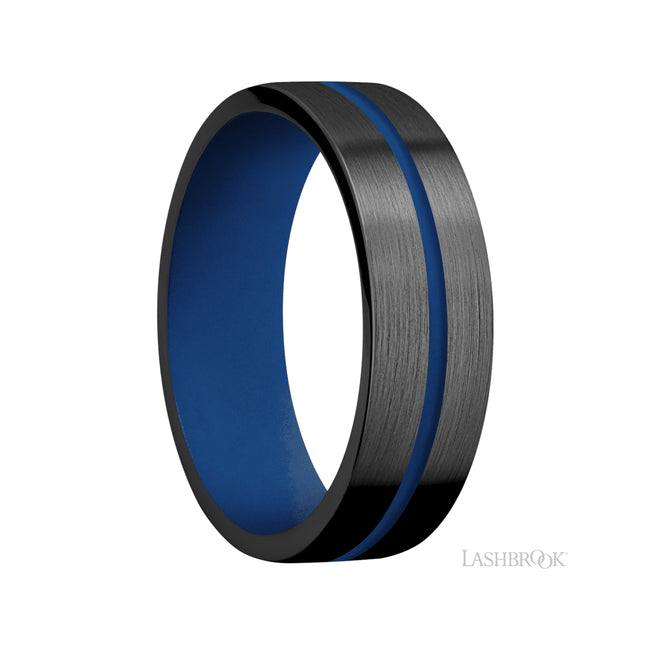 7 mm wide/Flat/Zirconium band with one 1 mm Centered inlay of Royal Blue also featuring a Royal Blue sleeve.