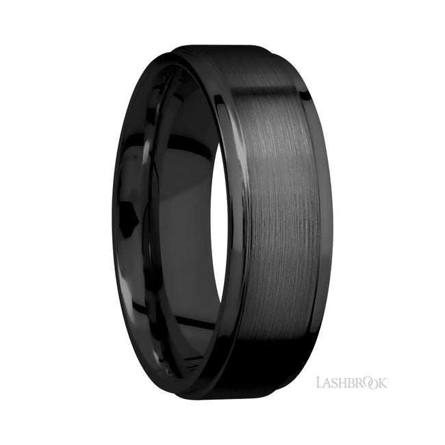 7 mm wide Flat Grooved Edges Zirconium band featuring a Bright Nickel sleeve.