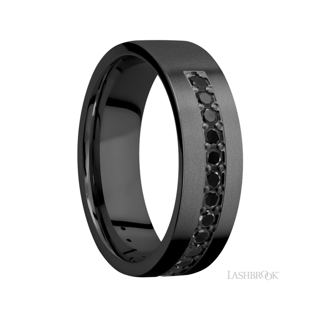 7 mm wide/Flat/Zirconium band with a Half Eternity arrangement of .03 carat Round Black Diamond stones in a Bead setting.