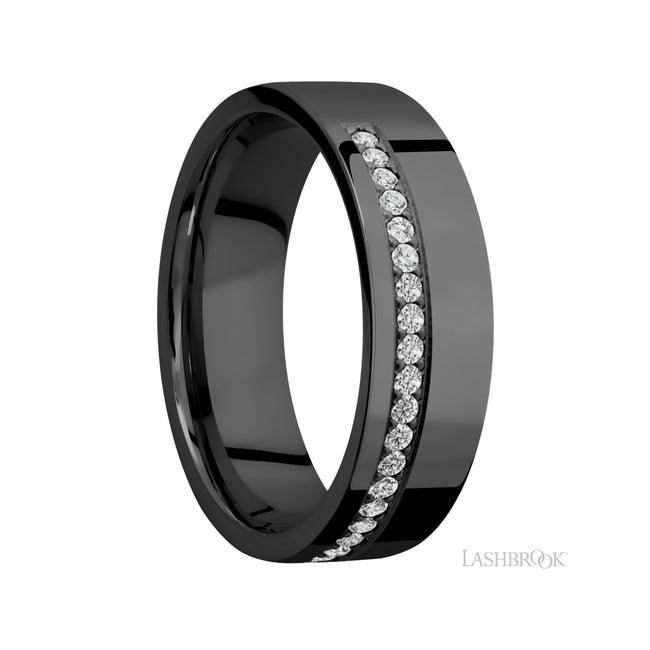 7 mm wide/Flat/Zirconium band with a Off Center Half Eternity arrangement of .015 carat Round Diamond stones in a Bead setting.