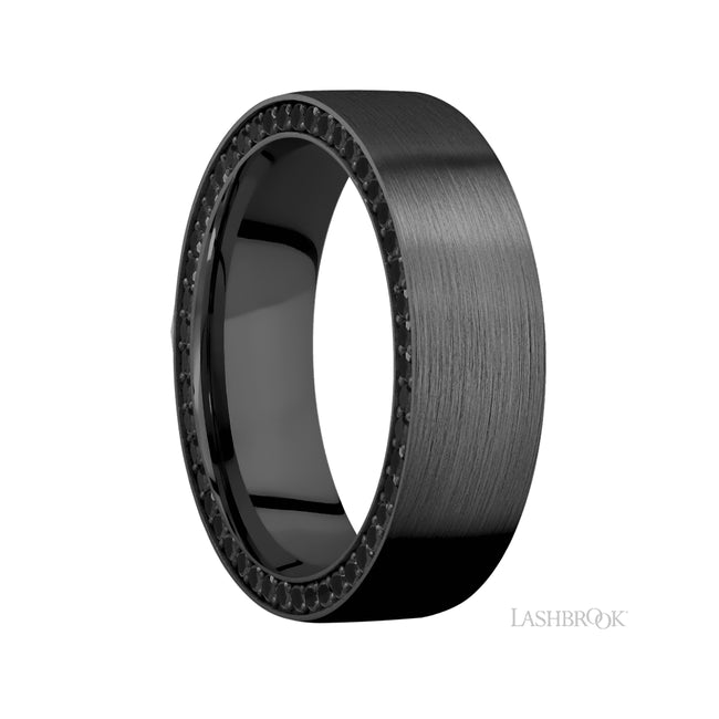 7 mm wide/Flat/Zirconium band with a Side Eternity arrangement of .01 carat Round Black Diamond stones in a Bead setting.