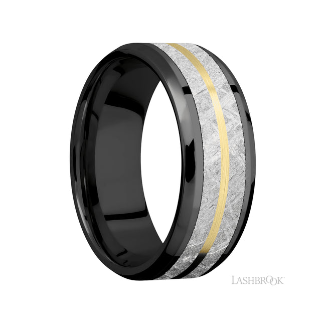 8 mm wide/Beveled/Zirconium band featuring inlays of Meteorite and 14K Yellow Gold.
