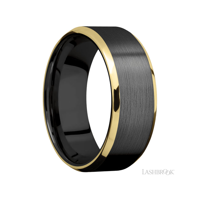 8 mm wide/Beveled/Zirconium band with two 1 mm Edge inlays of 14K Yellow Gold.