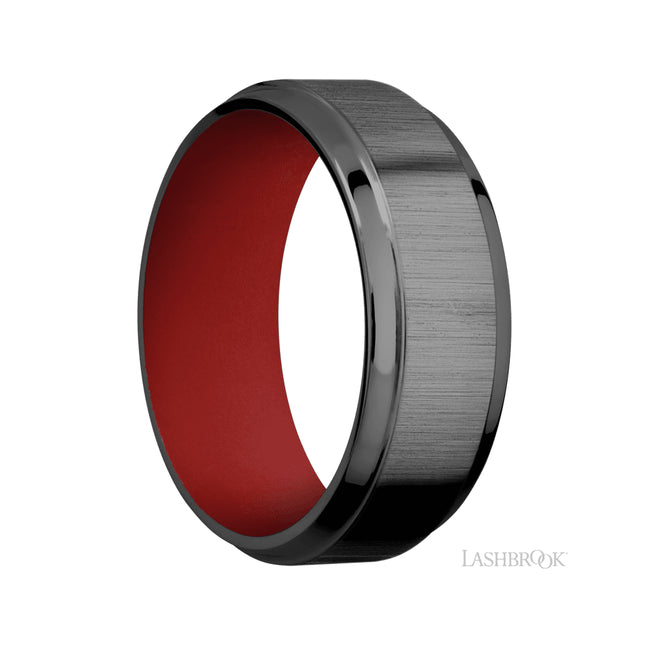 8 mm wide Stepped Bevel Zirconium band featuring a USMC Red sleeve.