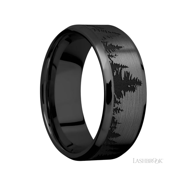 8 mm wide/Beveled/Zirconium band with a laser carved Trees pattern.