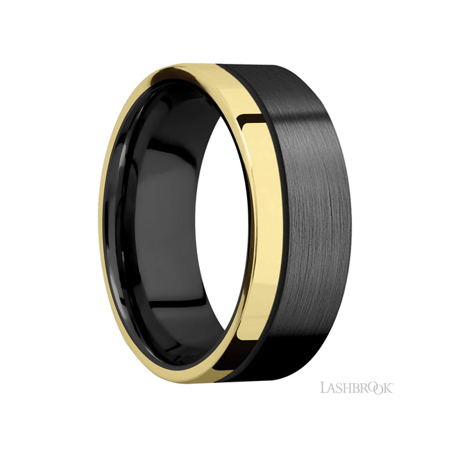 8 mm wide/Flat/Zirconium band with one 2 mm Off Center Edge inlay of 14K Yellow Gold.