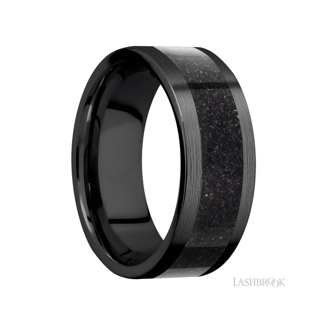 8 mm wide/Flat/Zirconium band with one 5 mm Centered inlay of Dinosaur Bone Black.