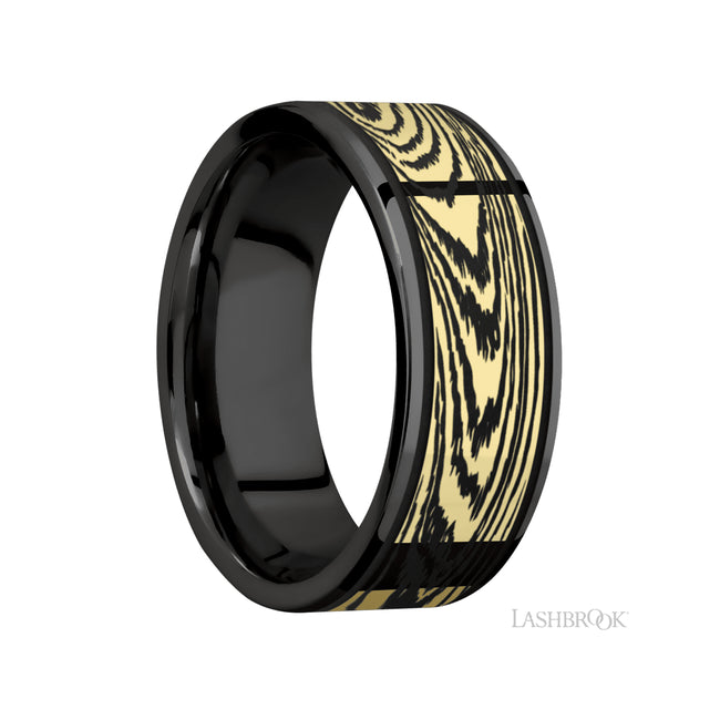 8 mm wide/Flat/Zirconium band with one 6 mm Centered inlay of 14K Yellow Gold with a laser carved Woodgrain pattern.