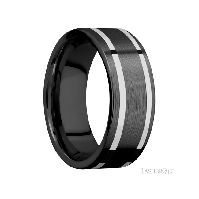 8 mm wide/Flat/Zirconium band with two 1 mm Wide inlays of 14K White Gold.