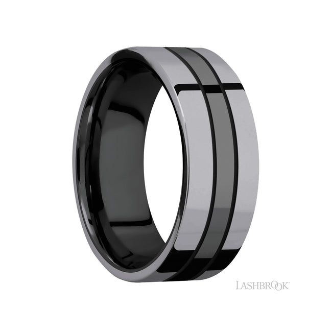 8 mm wide/Flat/Zirconium band with two 3 mm Double Off Center Edge inlays of Tantalum.