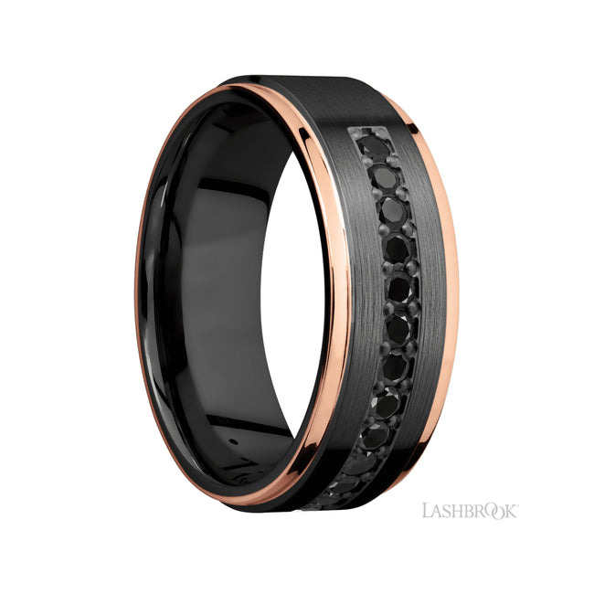 8 mm wide/Flat Grooved Edges/Zirconium band with a Half Eternity arrangement of .03 carat Round Black Diamond stones in a Bead setting and featuring two 1 mm Edge inlays of 14K Rose Gold